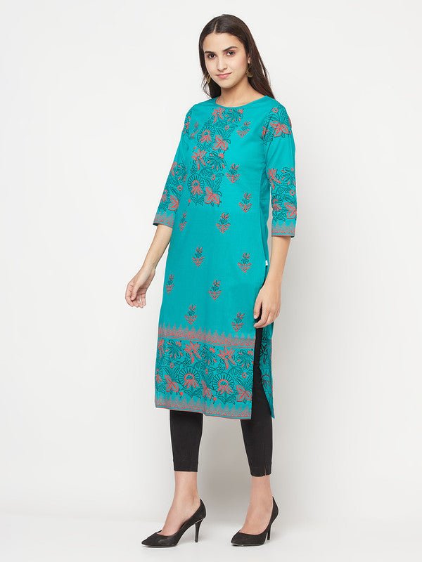 Aniyah Turquoise Cotton Block Print Straight Kurta - Swadesiicart