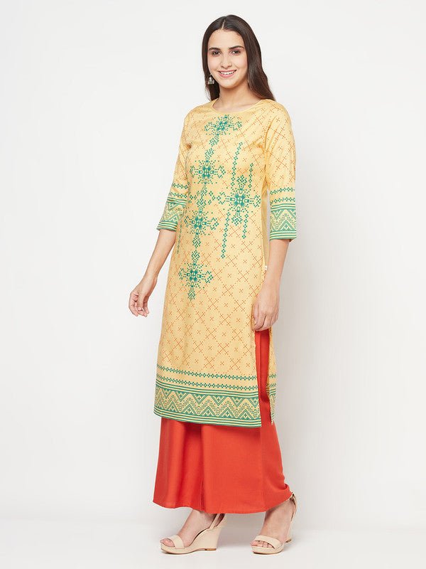 Aniyah Rayon Digital Screen Print Golden Beige Straight Kurta - Swadesiicart