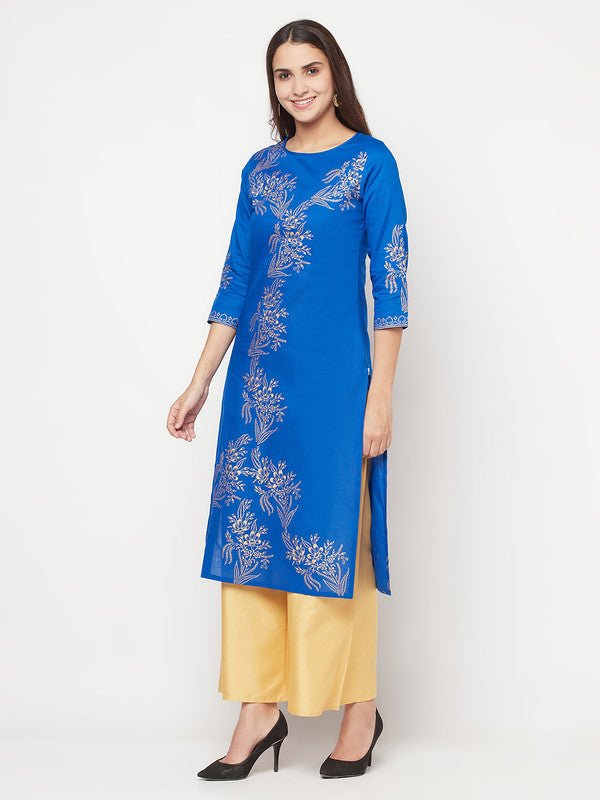 Aniyah Cotton Foil Print Royal Blue Straight Kurta - Swadesiicart