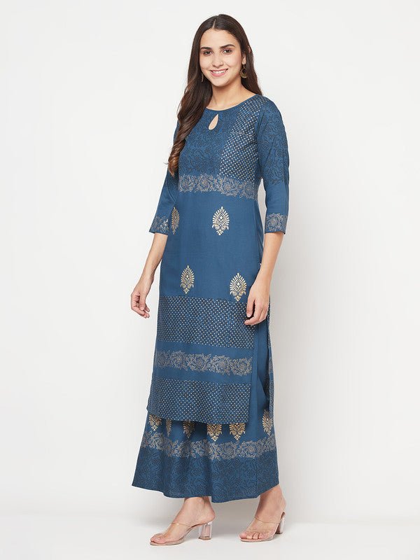 Aniyah Rayon Block Print Straight Blue Kurta - Swadesiicart