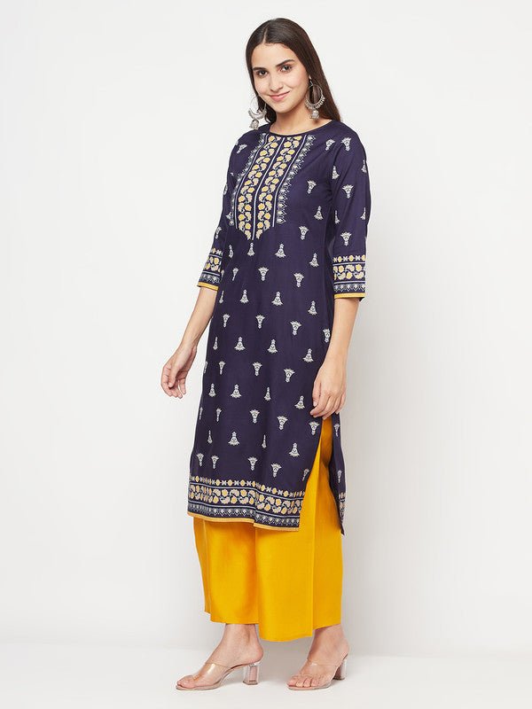 Aniyah Rayon Screen Print Navy Blue Straight Kurta - Swadesiicart