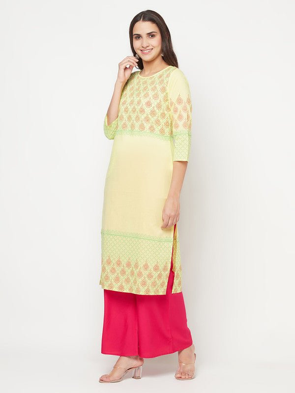 Aniyah Cotton Block Print Lemon Yellow Straight Kurta - Swadesiicart