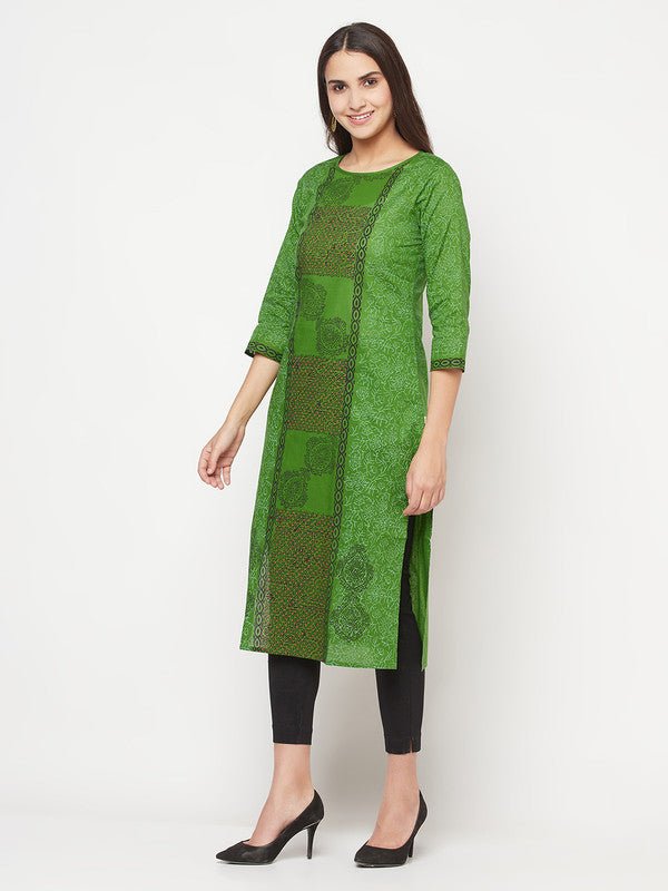 Aniyah Cotton Block Print Green Straight Kurta - Swadesiicart