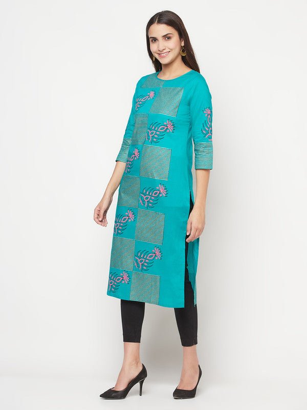 Aniyah Cotton Block Print Turquoise Straight Kurta - Swadesiicart