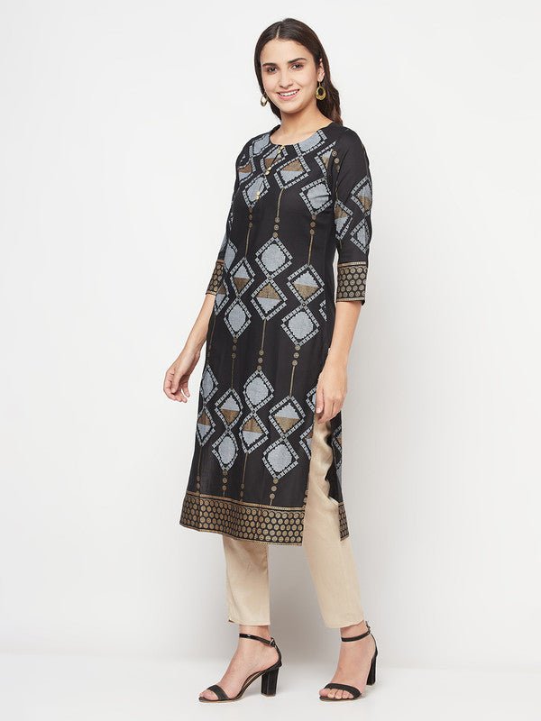Aniyah Rayon Screen Print Black Straight Kurta - Swadesiicart