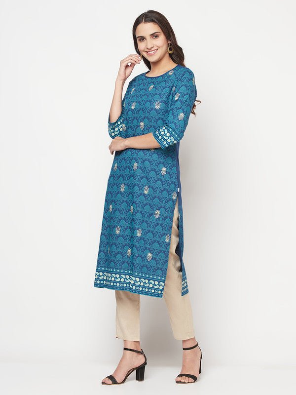 Aniyah Rayon Digital Screen Printed Blue Color Straight Kurta - Swadesiicart