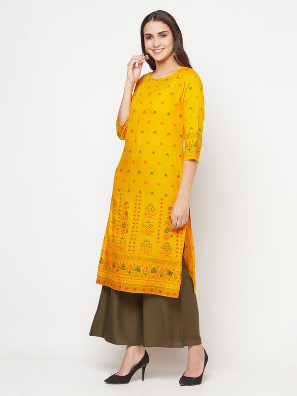 Aniyah Rayon Screen Print Mustard Straight Kurta - Swadesiicart