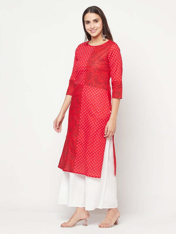 Aniyah Cotton Block Print Red Color Straight Kurta - Swadesiicart