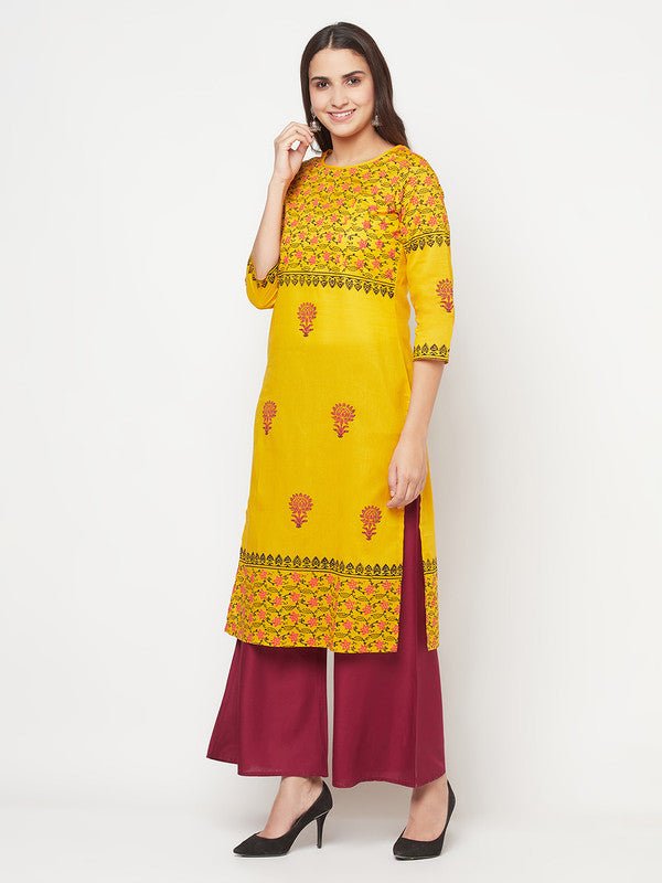 Aniyah Mustard Cotton Block Print Straight Kurta - Swadesiicart