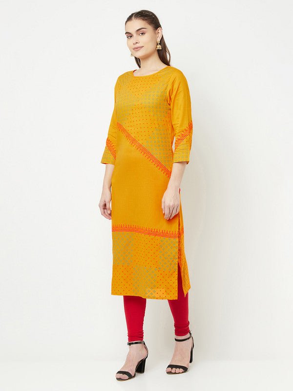 Aniyah Cotton Block Print Mustard Color Straight Kurta - Swadesiicart