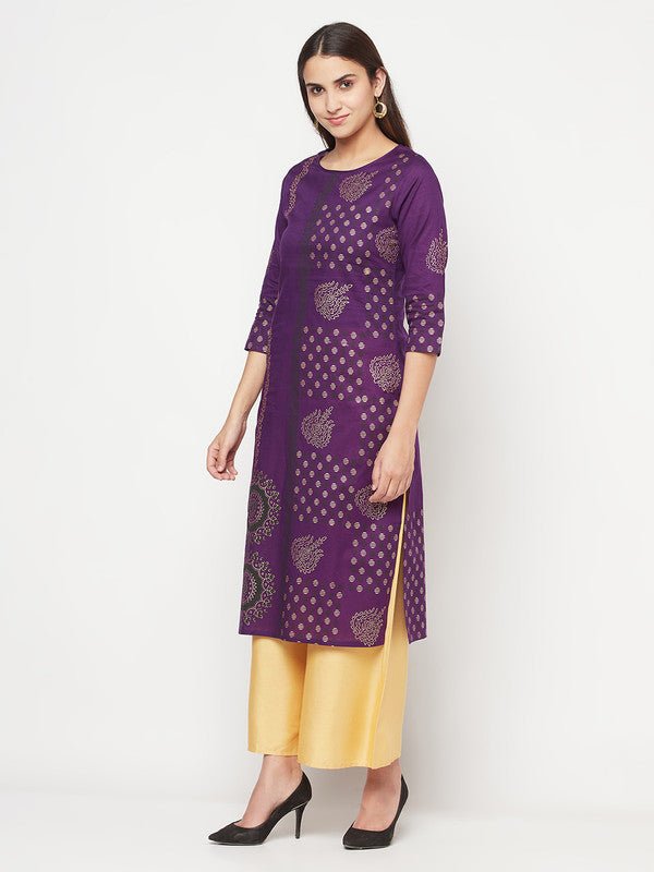 Aniyah Cotton Foil Print Purple Straight Kurta - Swadesiicart
