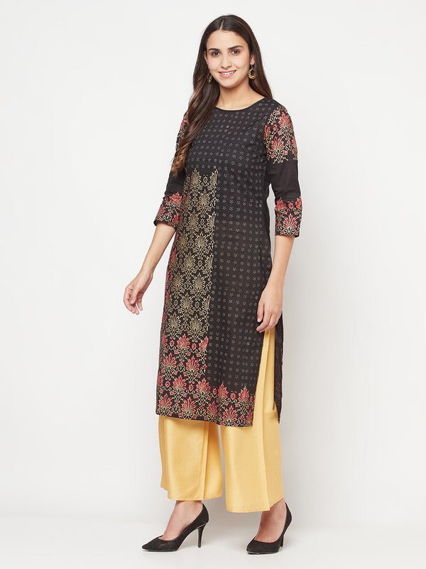 Aniyah Black Color Cotton Block Print Straight Kurta - Swadesiicart