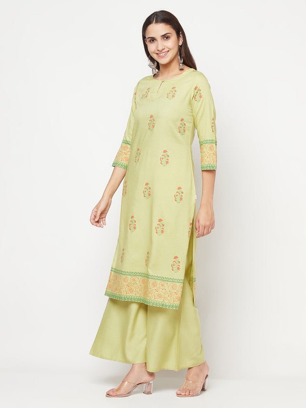 Aniyah Rayon Screen Print Pista Green Straight Kurta - Swadesiicart