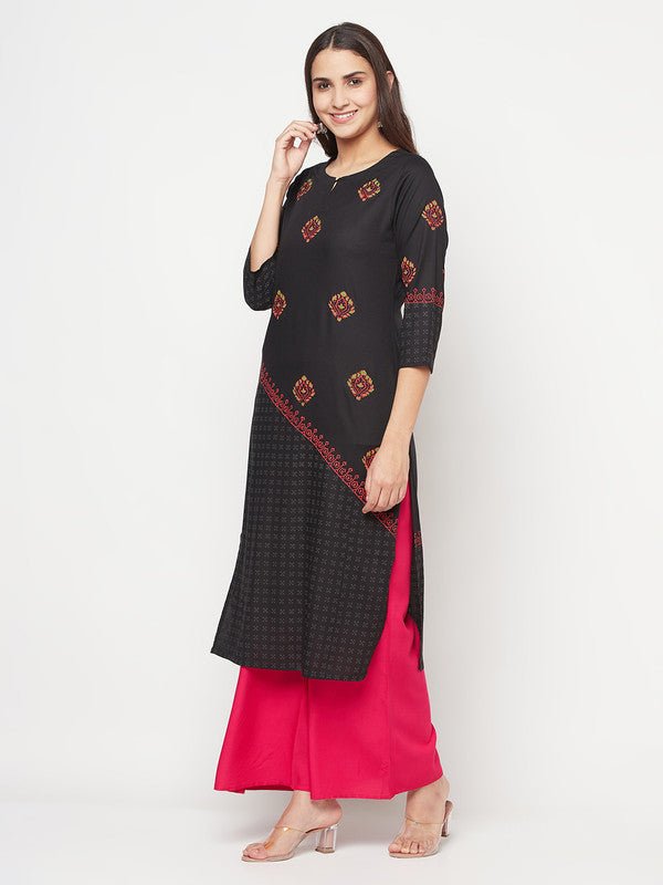 Aniyah Rayon Block Print Straight Kurta - Black - Swadesiicart