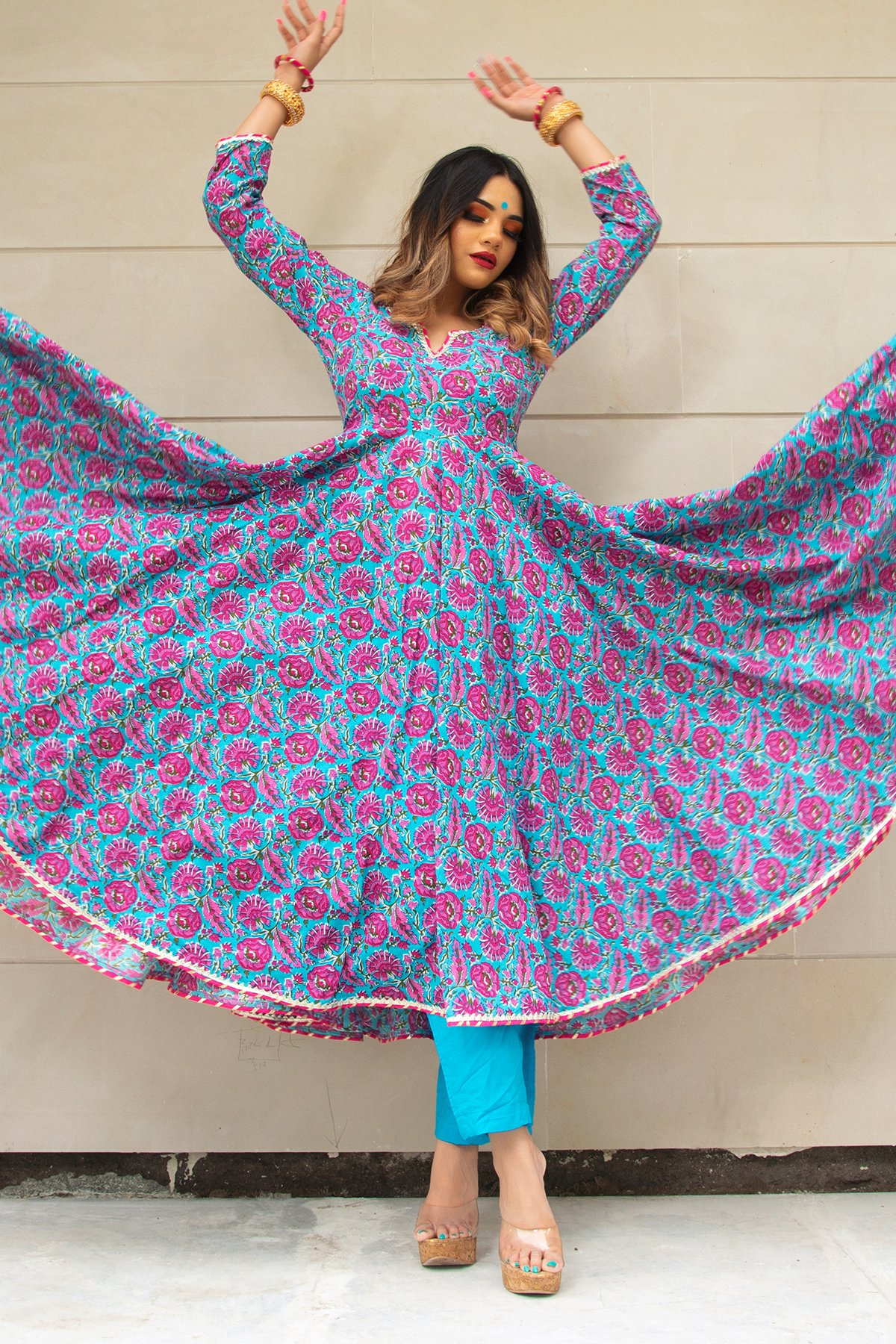 Pomcha Jaipur Chitra Hand Block Cotton Anarkali Set | Swadesiicart