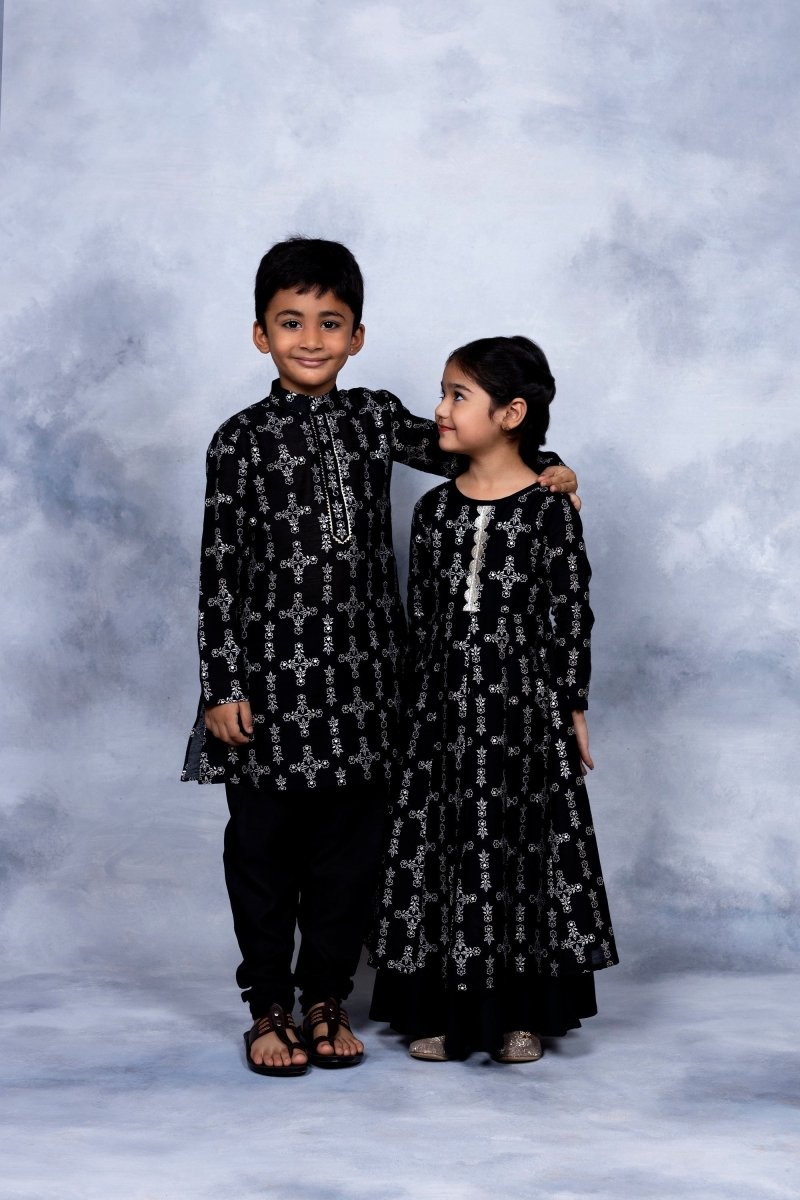 Ahalyaa Boys Black Chanderi Gold Printed Kids Kurta Churidar Set | Swadesiicart