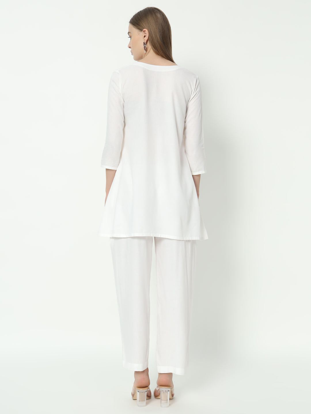 Fab Fashion White Pure Cotton V Neck Co-Ord Set - Swadesiicart