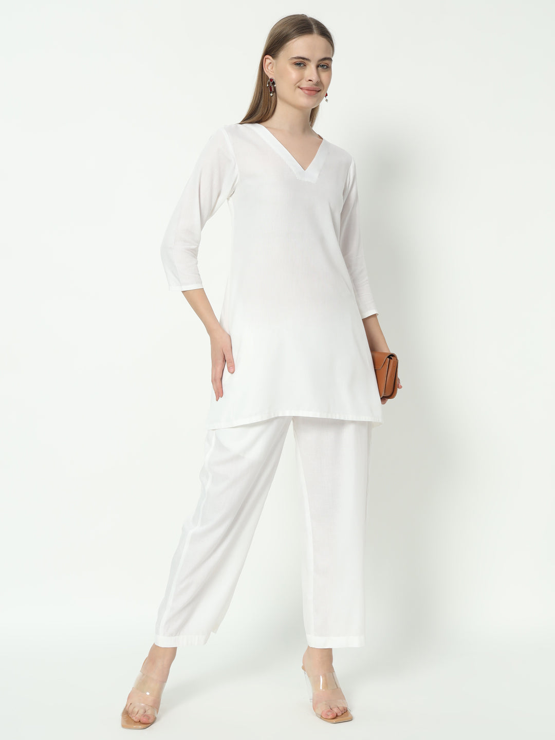 Fab Fashion White Pure Cotton V Neck Co-Ord Set - Swadesiicart