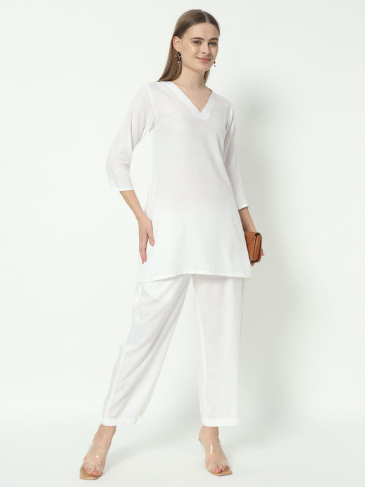 Fab Fashion White Pure Cotton V Neck Co-Ord Set - Swadesiicart