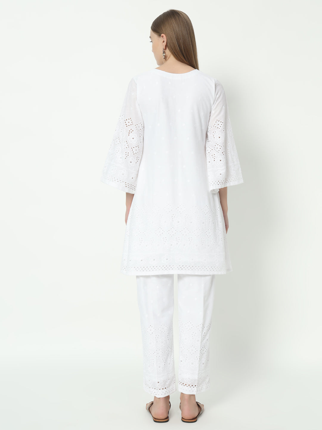 Fab Fashion White Chiken Kari Co-Ord Bell Sleeve V Neck Set - Swadesiicart