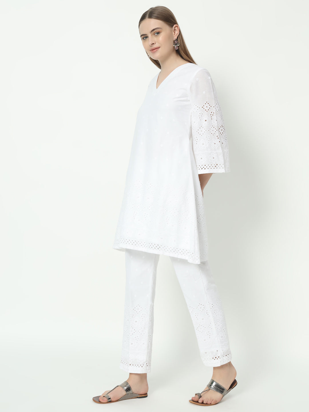 Fab Fashion White Chiken Kari Co-Ord Bell Sleeve V Neck Set - Swadesiicart