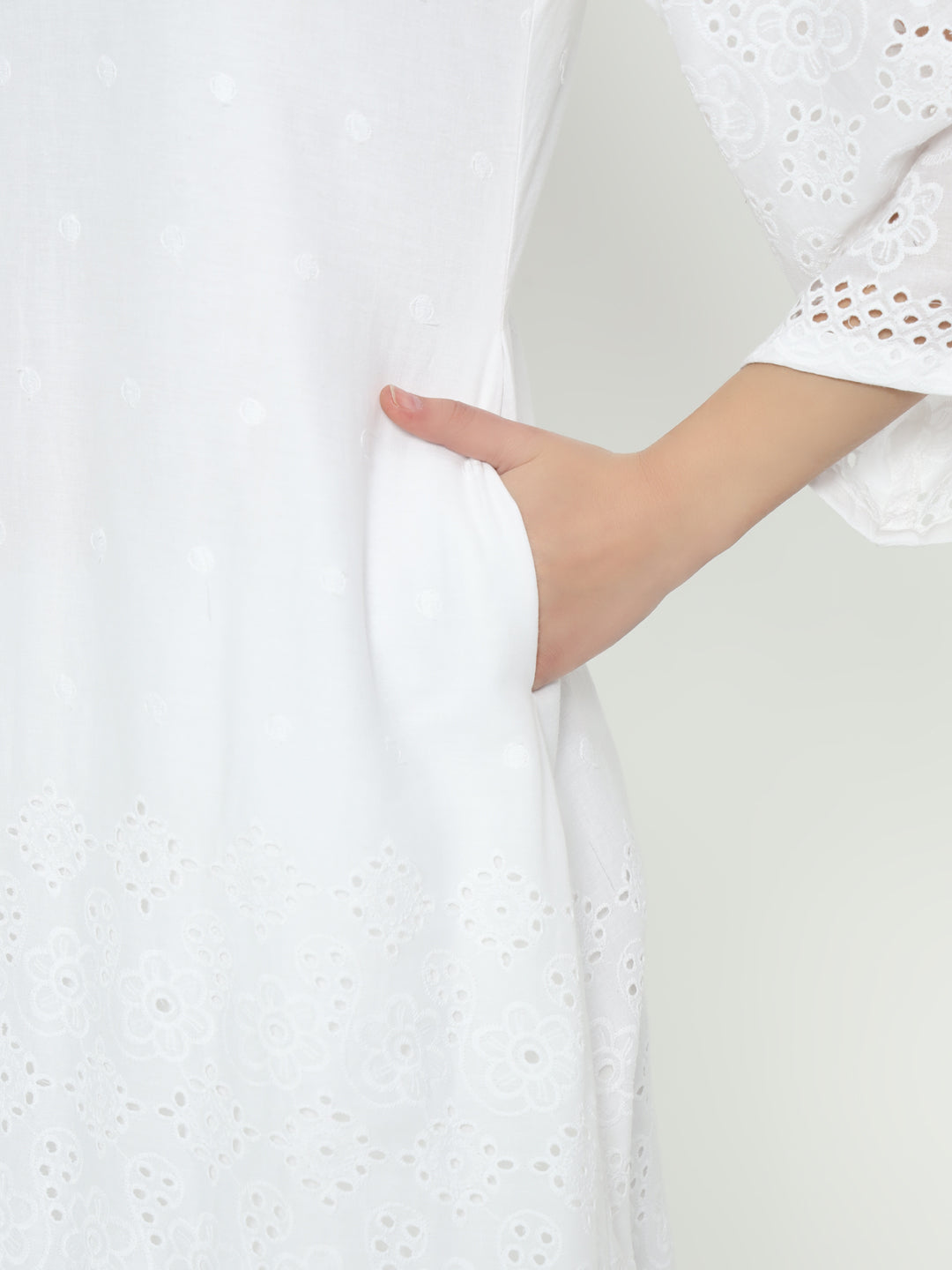 Fab Fashion White Chiken Kari Co-Ord Bell Sleeve V Neck Set - Swadesiicart
