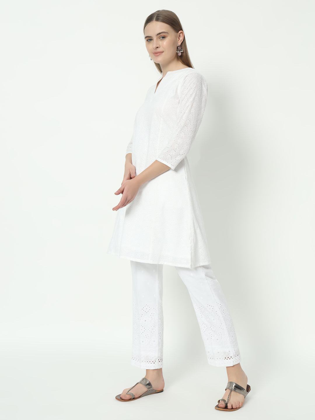 Fab Fashion Pannel White Chiken Kari Co-Ord Set With Round Cut Neck - Swadesiicart