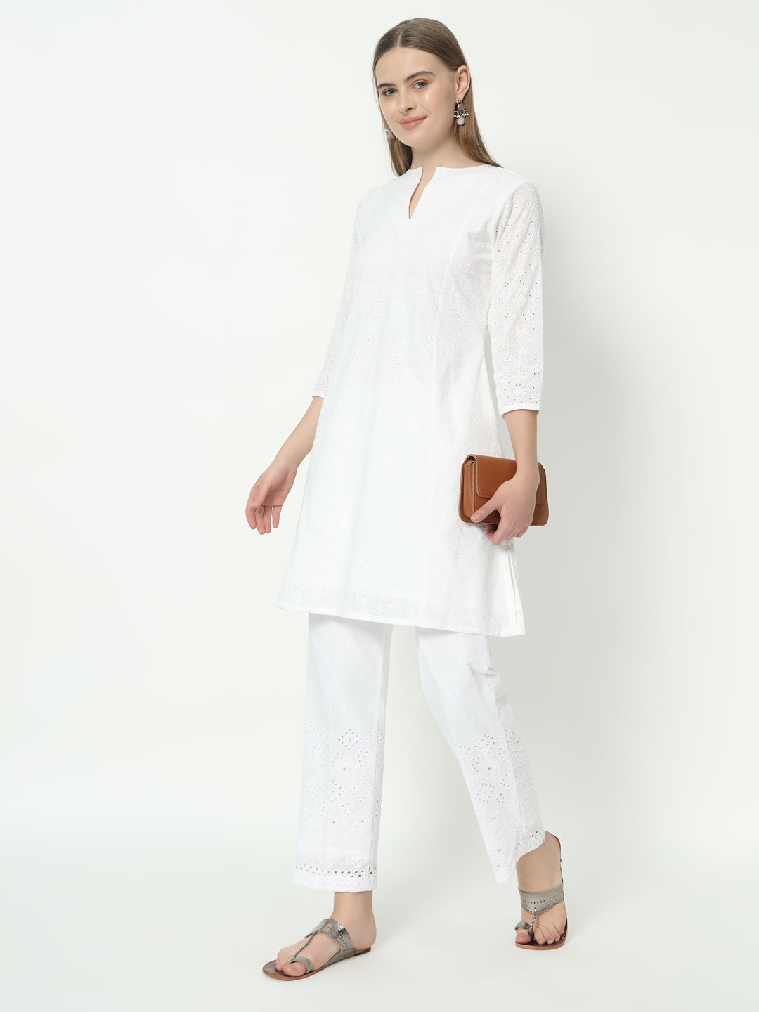 Fab Fashion Pannel White Chiken Kari Co-Ord Set With Round Cut Neck - Swadesiicart