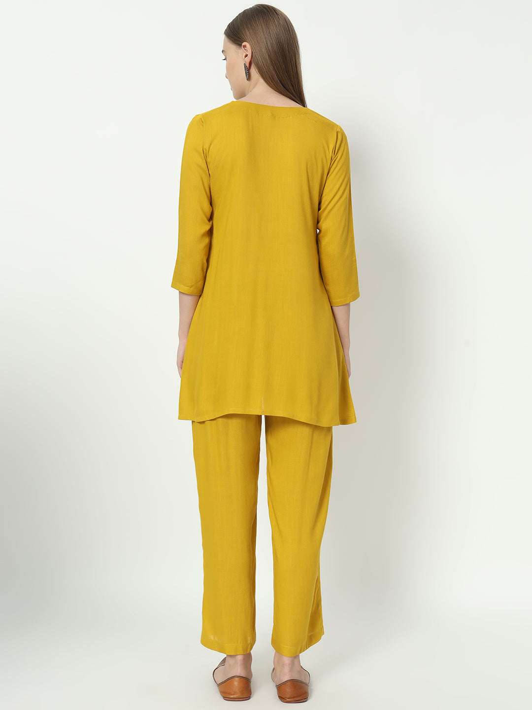 Fab Fashion Mustred Plain Pure Co-Ord Set - Swadesiicart