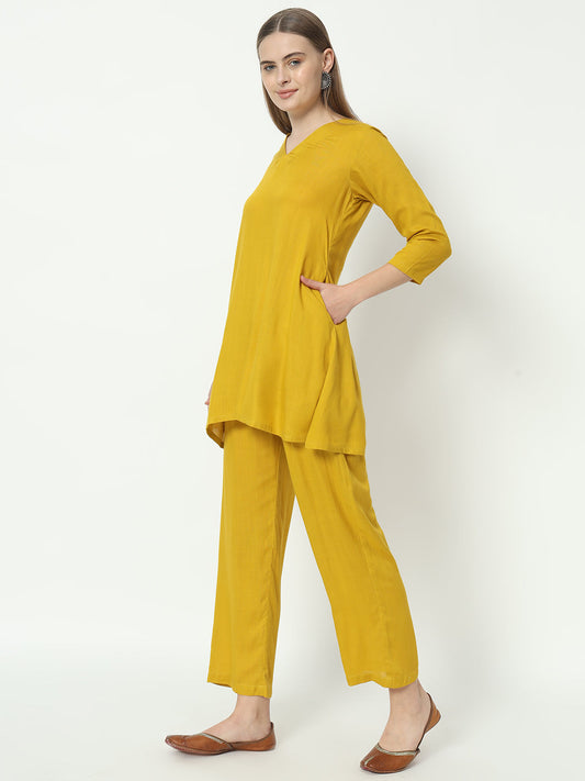 Fab Fashion Mustred Plain Pure Co-Ord Set - Swadesiicart