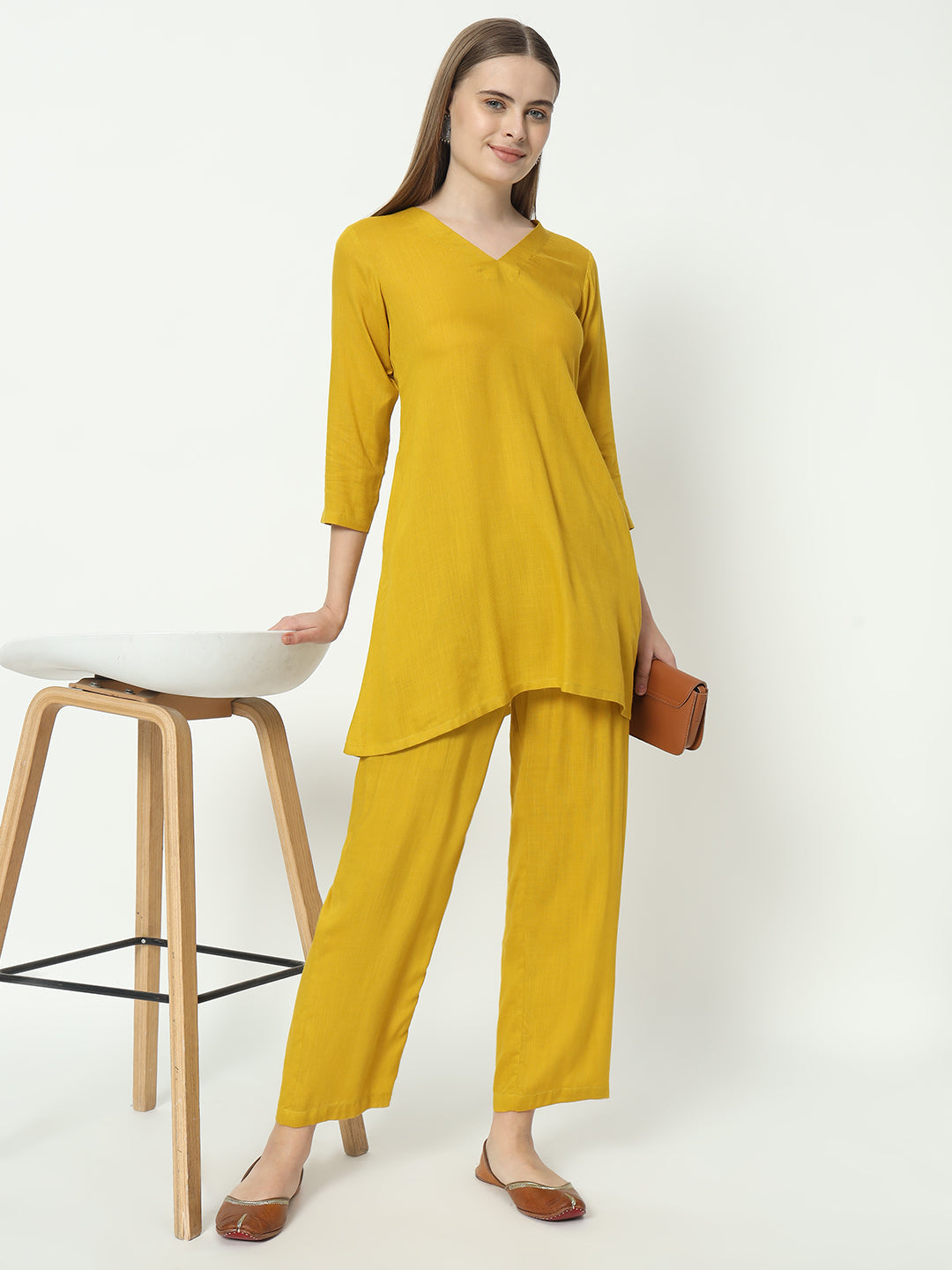 Fab Fashion Mustred Plain Pure Co-Ord Set - Swadesiicart