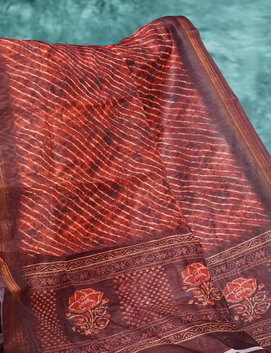 Dark Rust Colour With Leheriya Design All Over Semi Chanderi Saree By Gayathri Reddy Designer Studio | Swadesiicart