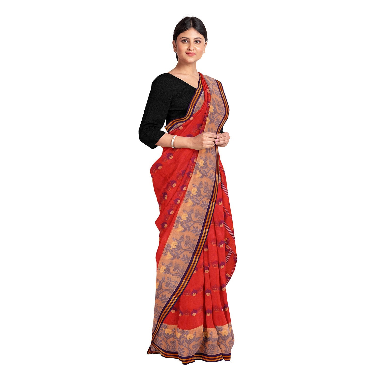 Exclusive Collection 100% Pure Cotton Red Tant Saree With Hand Weaving Work - Swadesiicart