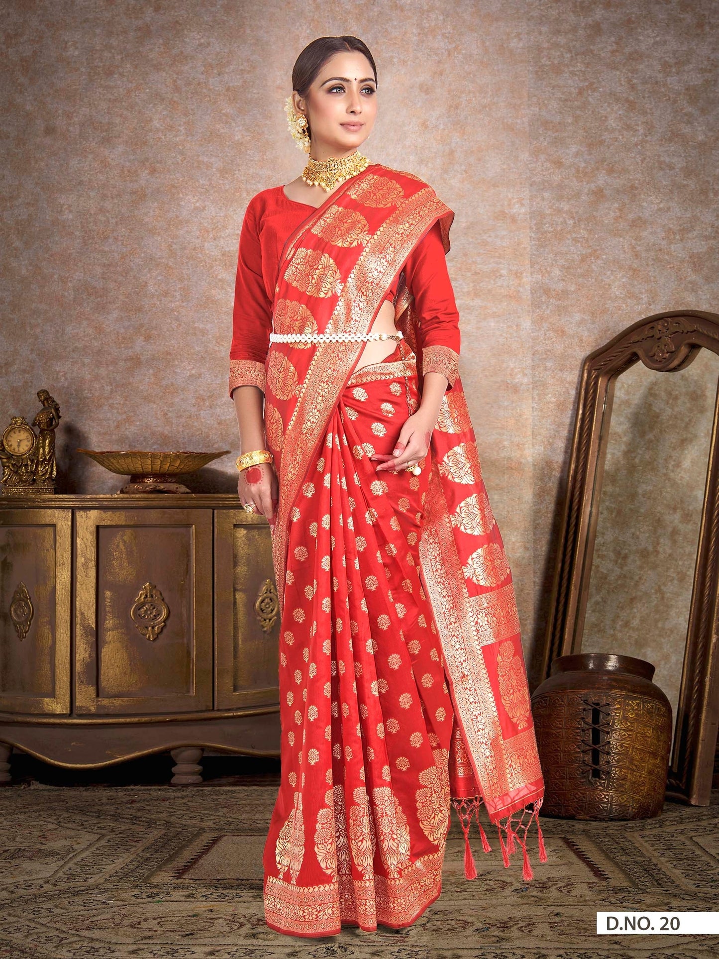 Vardha Scarlet Red Woven Banarasi Saree | Swadesiicart