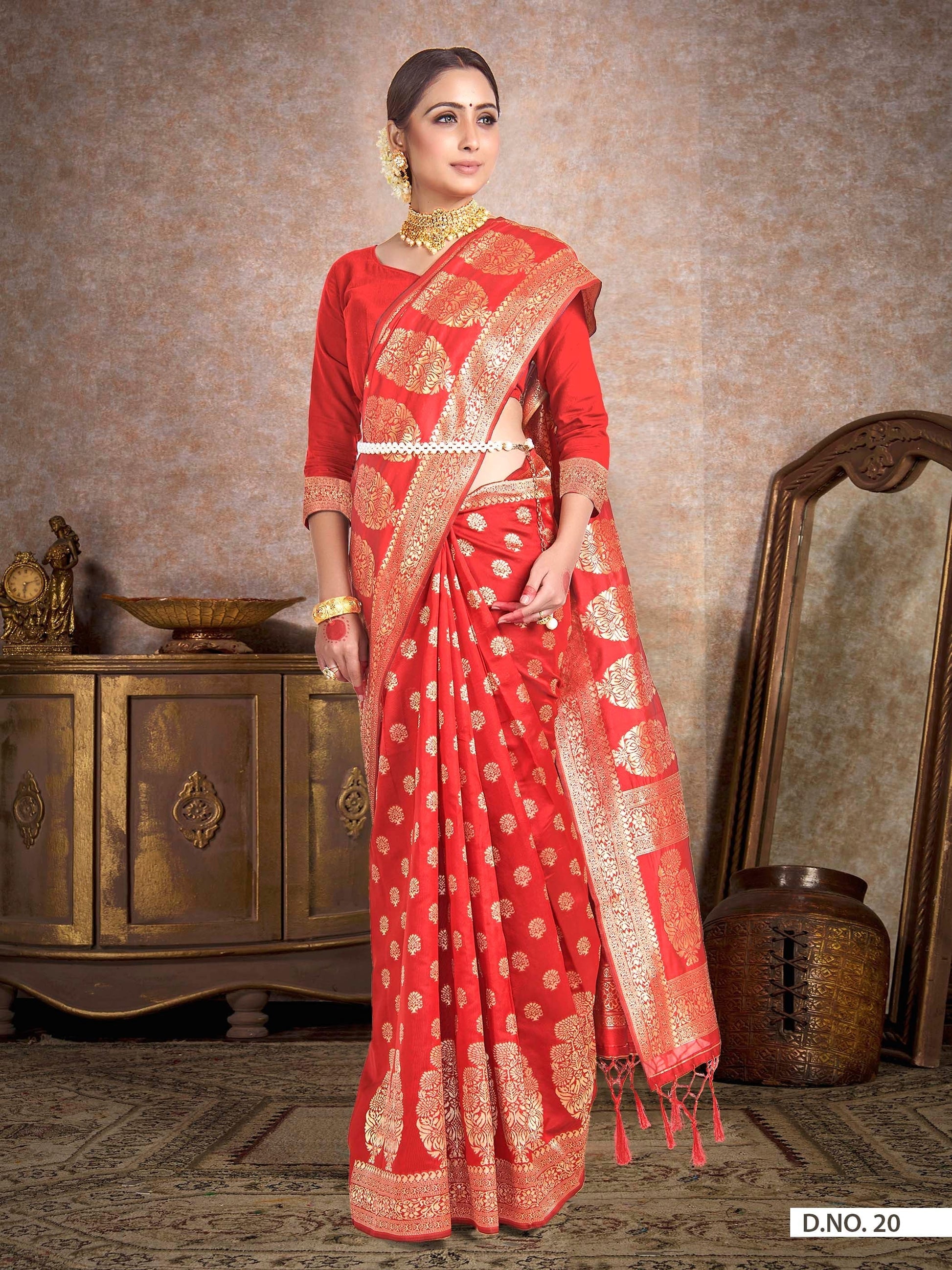 Vardha Scarlet Red Woven Banarasi Saree | Swadesiicart
