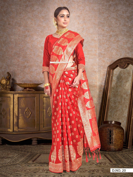 Vardha Scarlet Red Woven Banarasi Saree | Swadesiicart