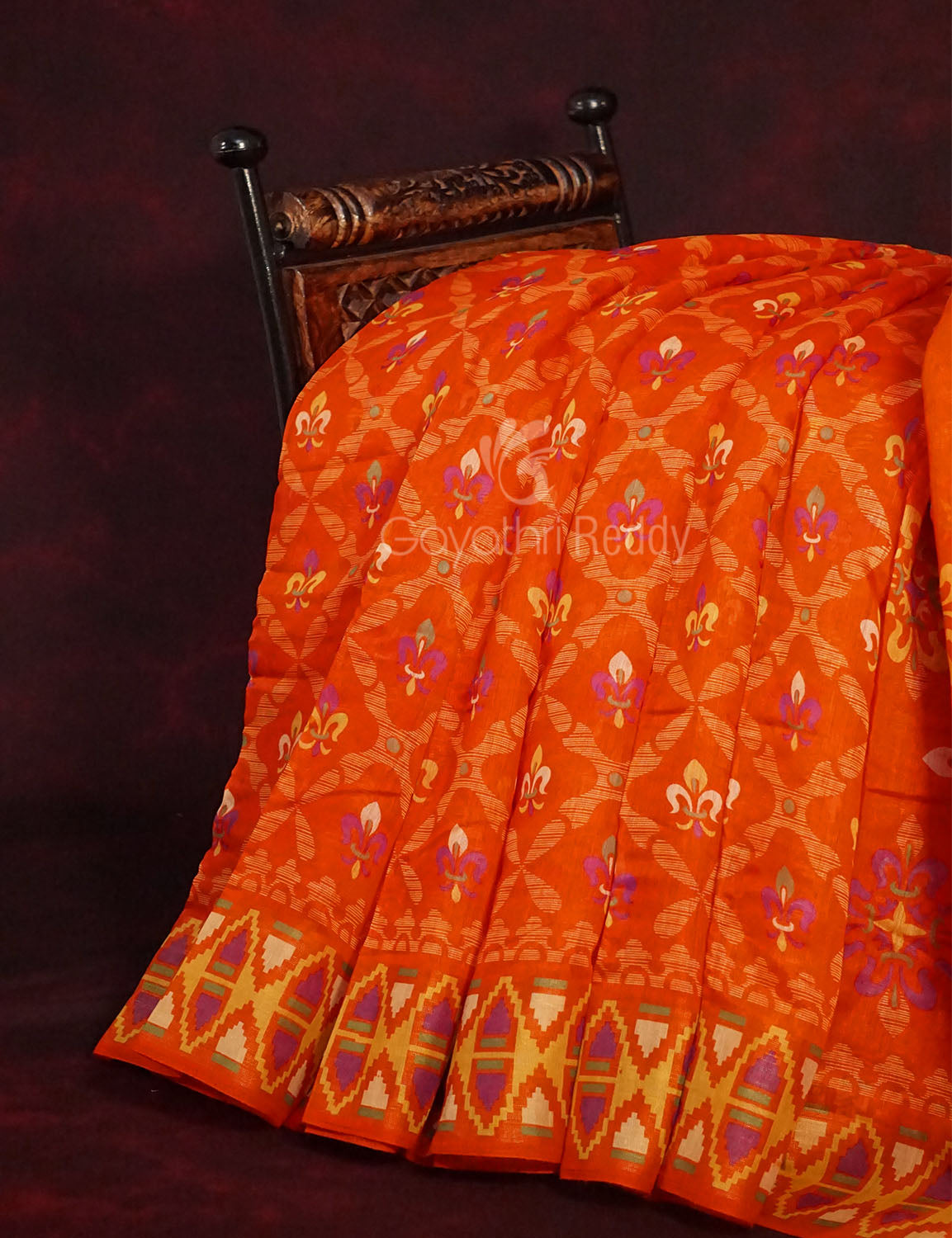 Orange All Over Printed Semi Chanderi Saree By Gayathri Reddy Designer Studio | Swadesiicart