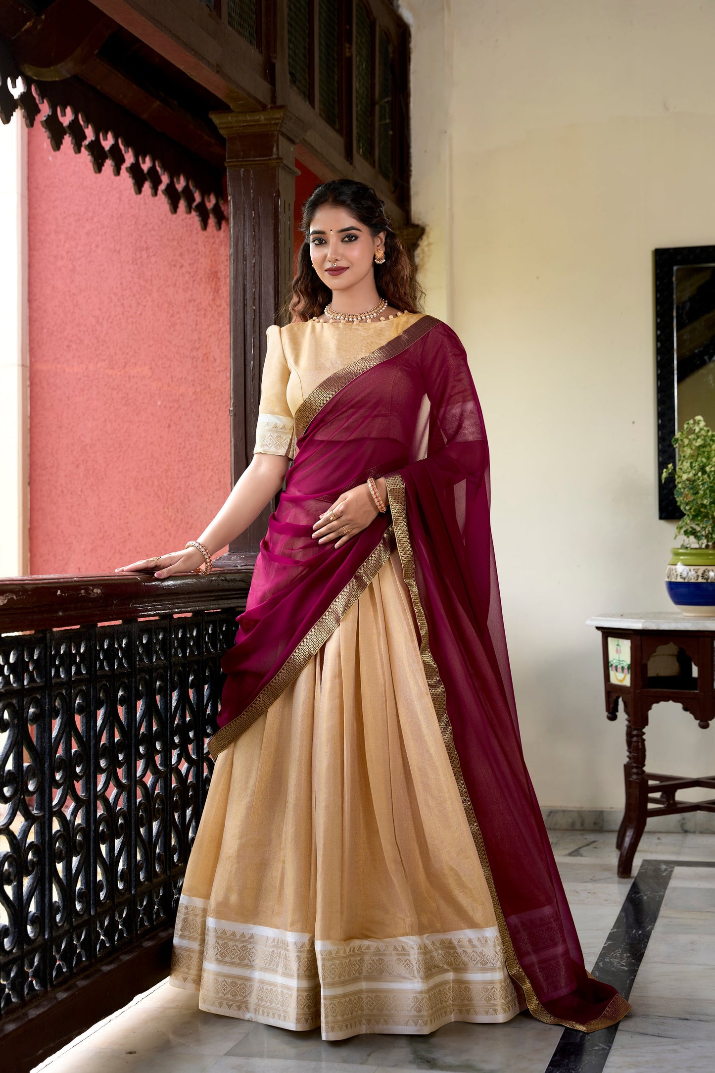 Lorenvalley Cream Kanchipuram Zari Weaving Work Lehenga Choli | Swadesiicart