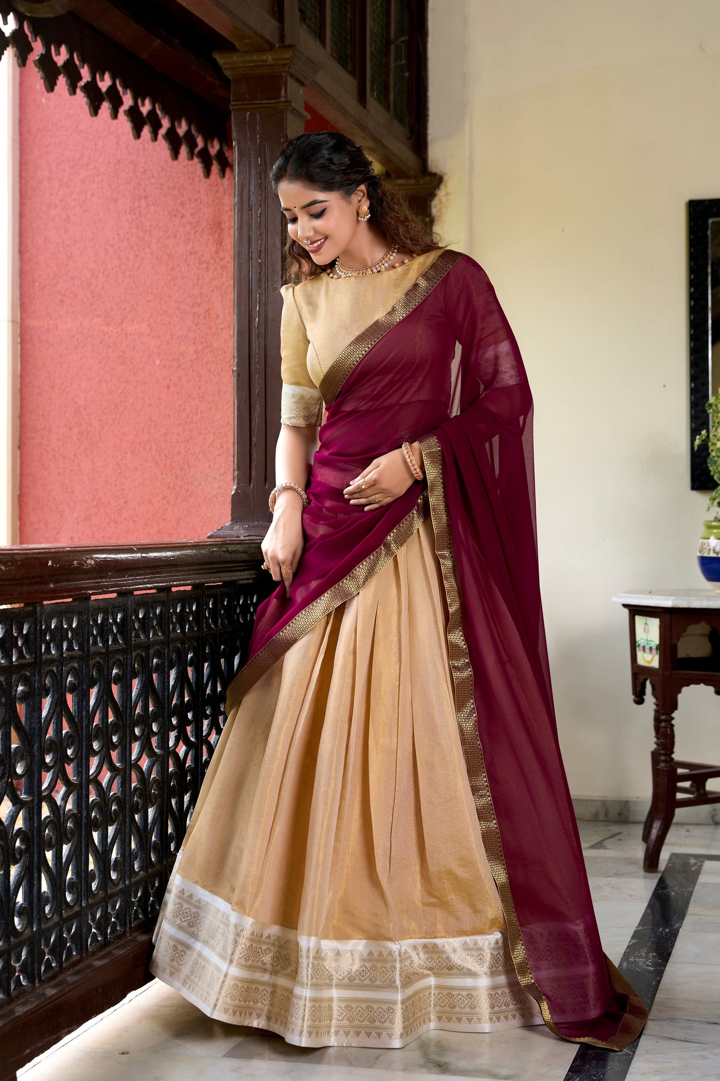 Lorenvalley Cream Kanchipuram Zari Weaving Work Lehenga Choli | Swadesiicart