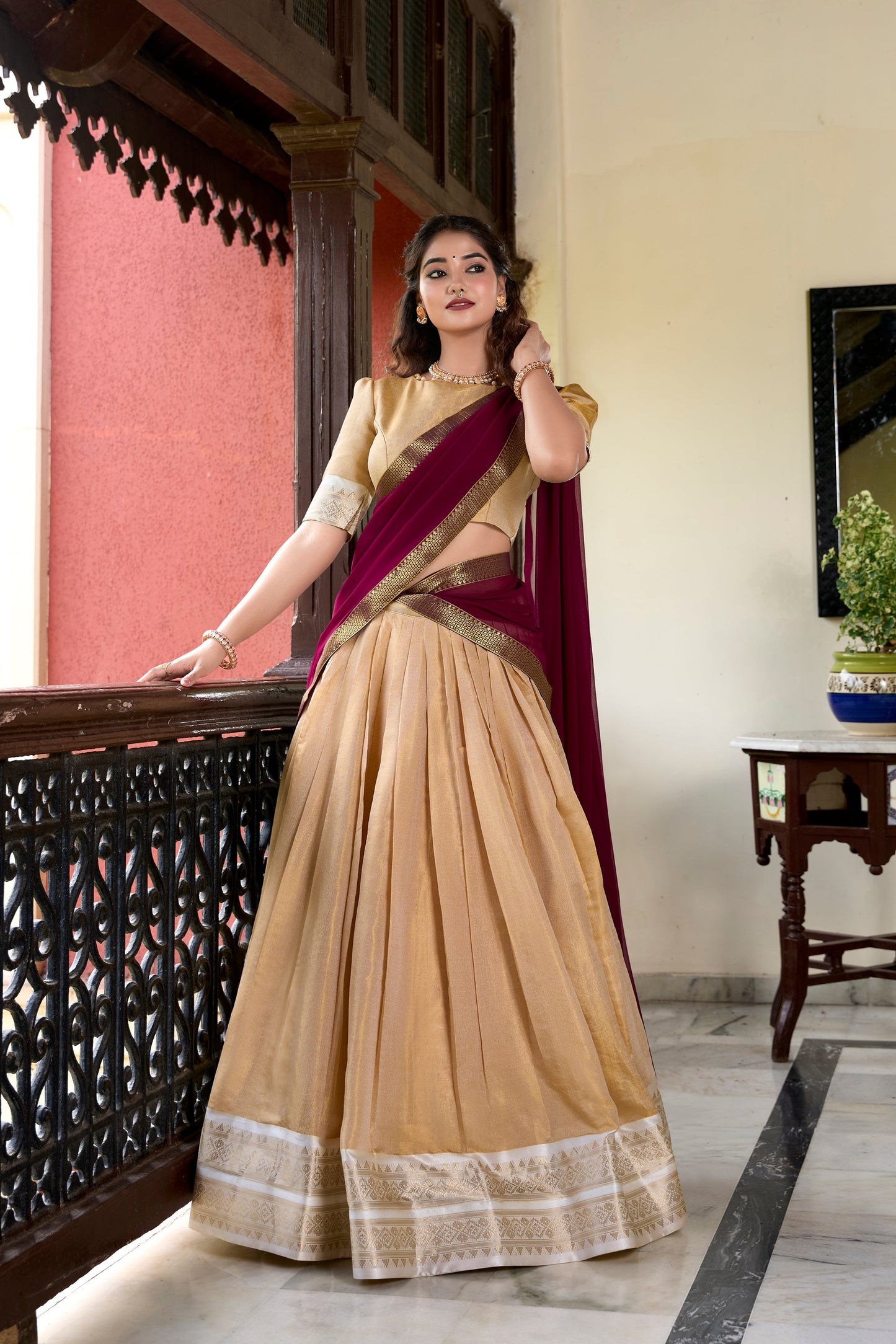 Lorenvalley Cream Kanchipuram Zari Weaving Work Lehenga Choli | Swadesiicart