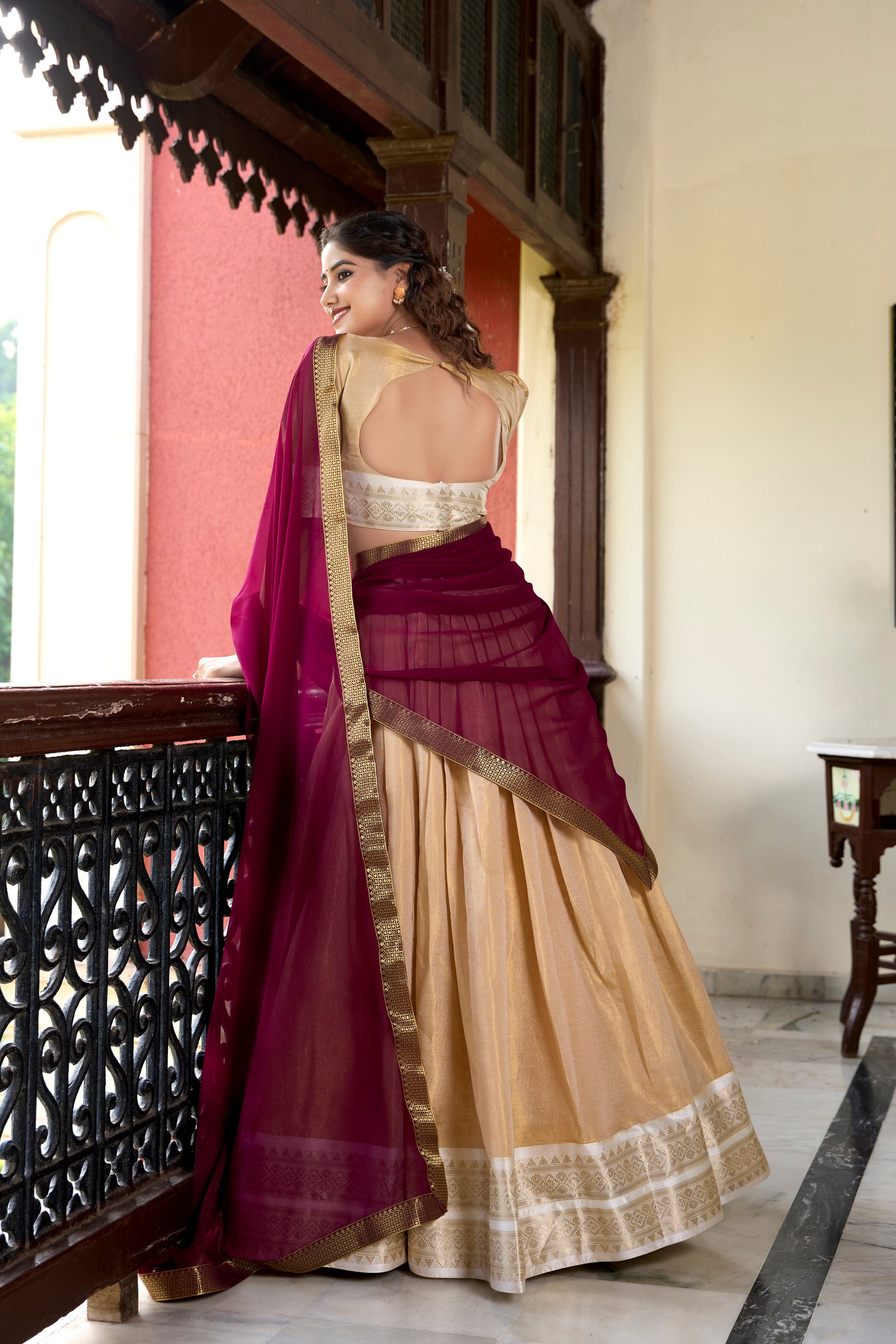 Lorenvalley Cream Kanchipuram Zari Weaving Work Lehenga Choli | Swadesiicart