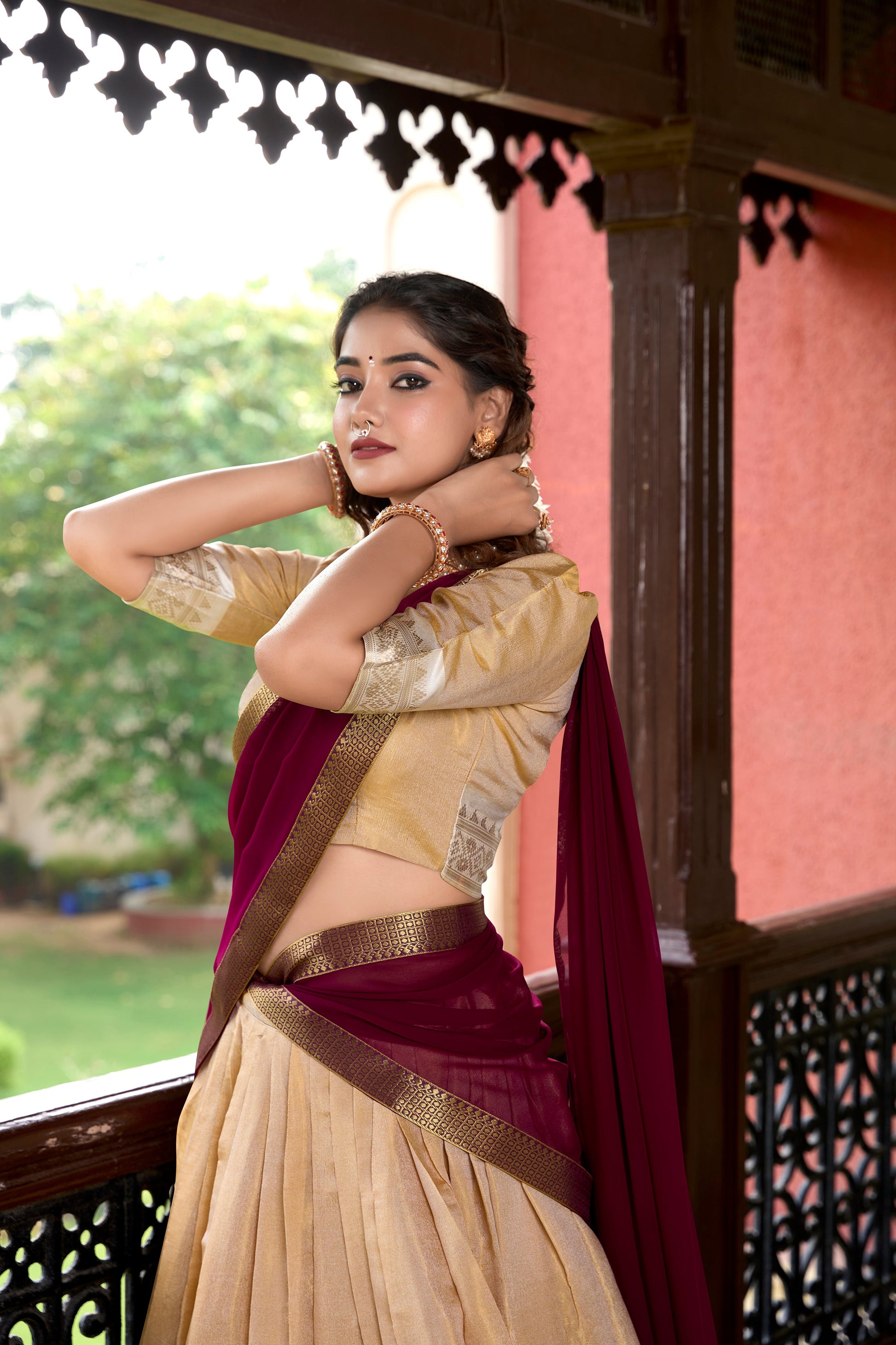 Lorenvalley Cream Kanchipuram Zari Weaving Work Lehenga Choli | Swadesiicart