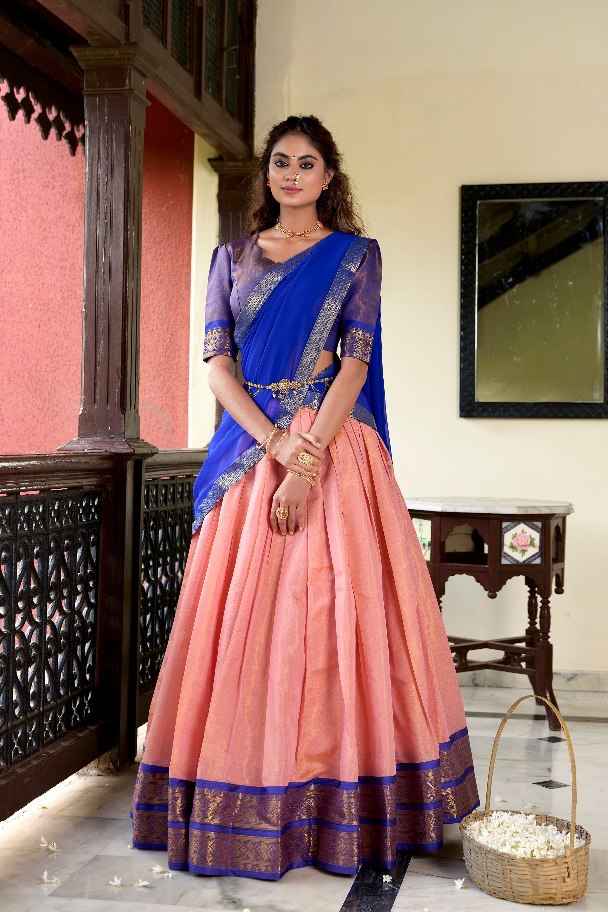 Lorenvalley Peach Kanchipuram Zari Weaving Work Lehenga Choli | Swadesiicart