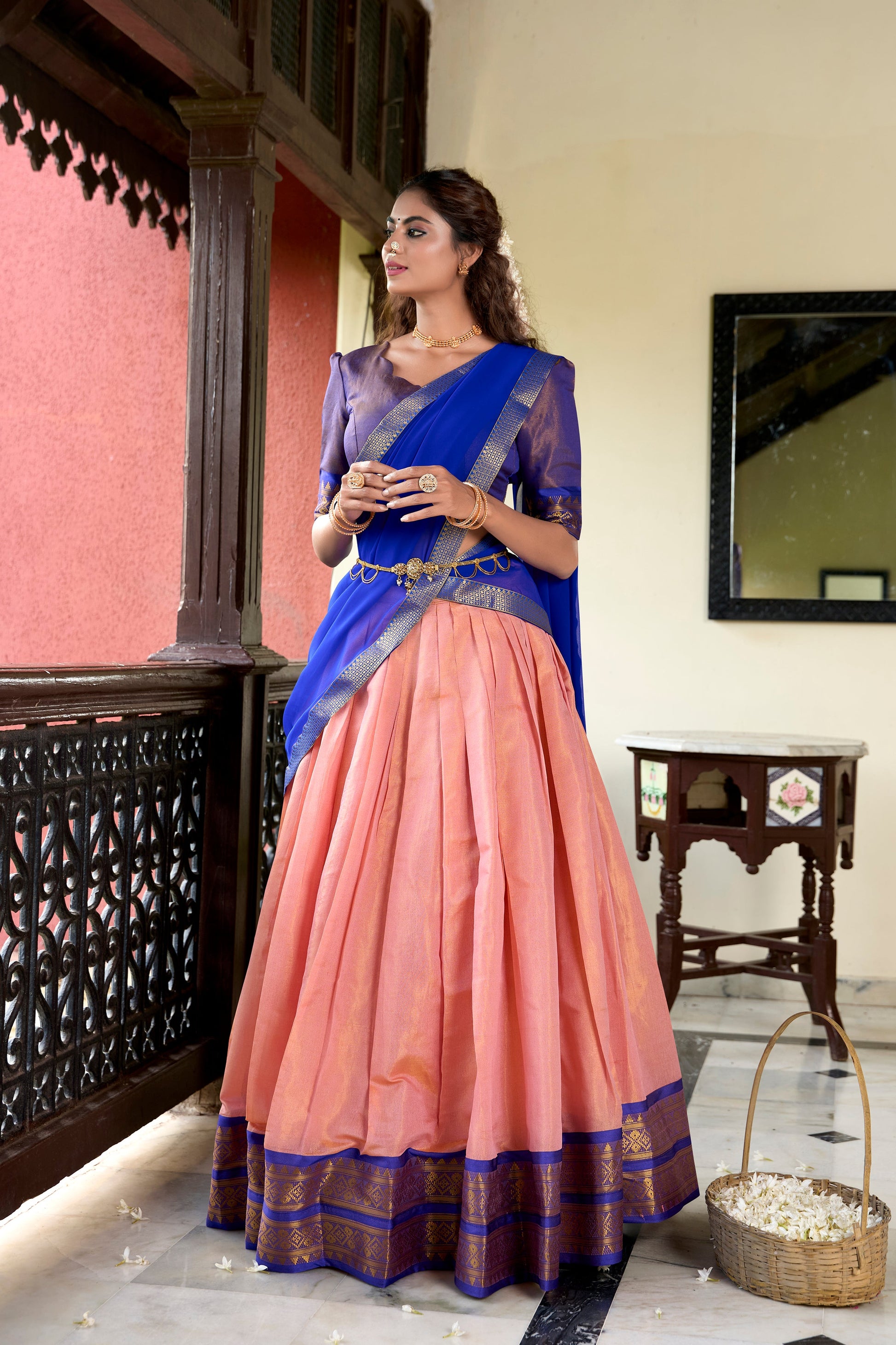 Lorenvalley Peach Kanchipuram Zari Weaving Work Lehenga Choli | Swadesiicart