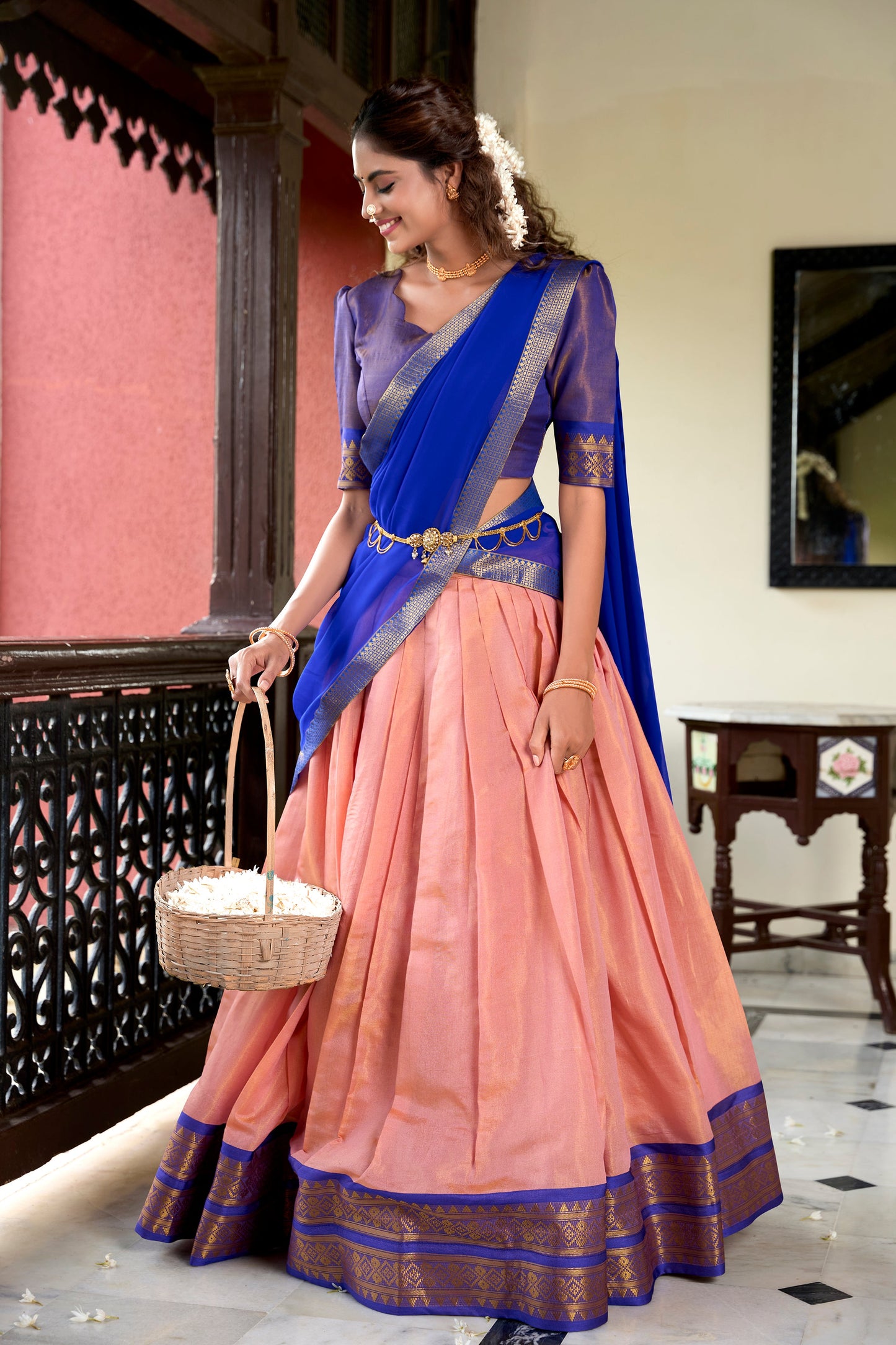Lorenvalley Peach Kanchipuram Zari Weaving Work Lehenga Choli | Swadesiicart