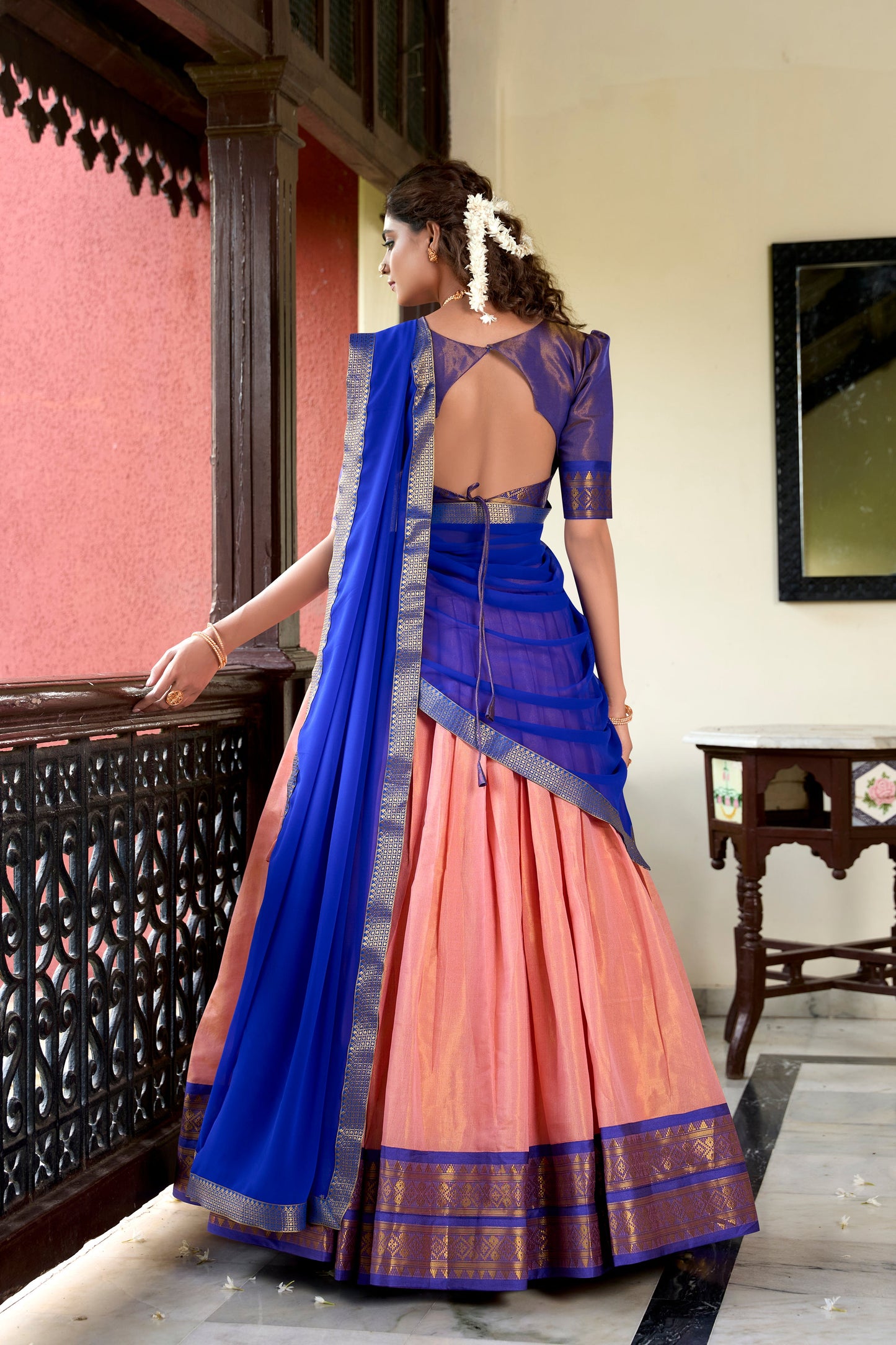 Lorenvalley Peach Kanchipuram Zari Weaving Work Lehenga Choli | Swadesiicart