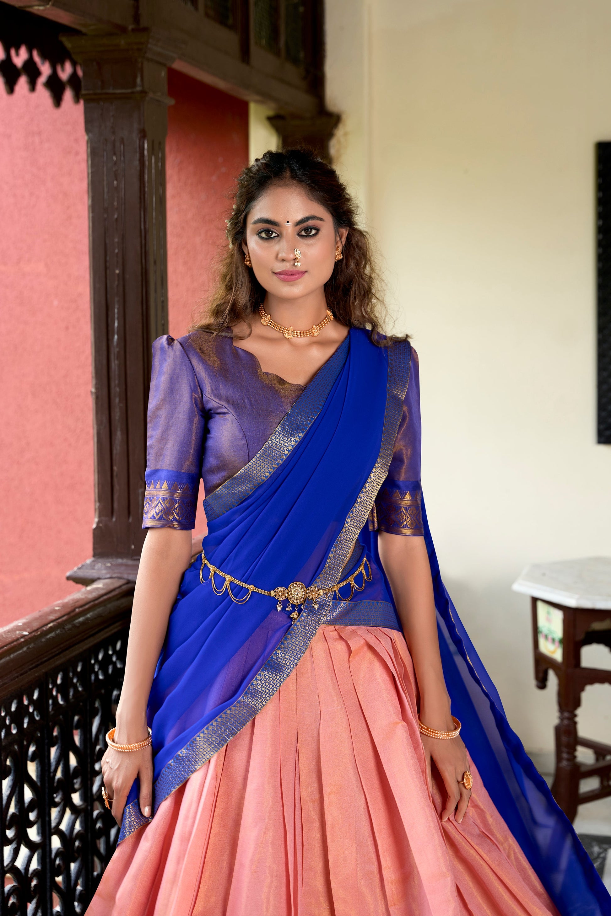 Lorenvalley Peach Kanchipuram Zari Weaving Work Lehenga Choli | Swadesiicart