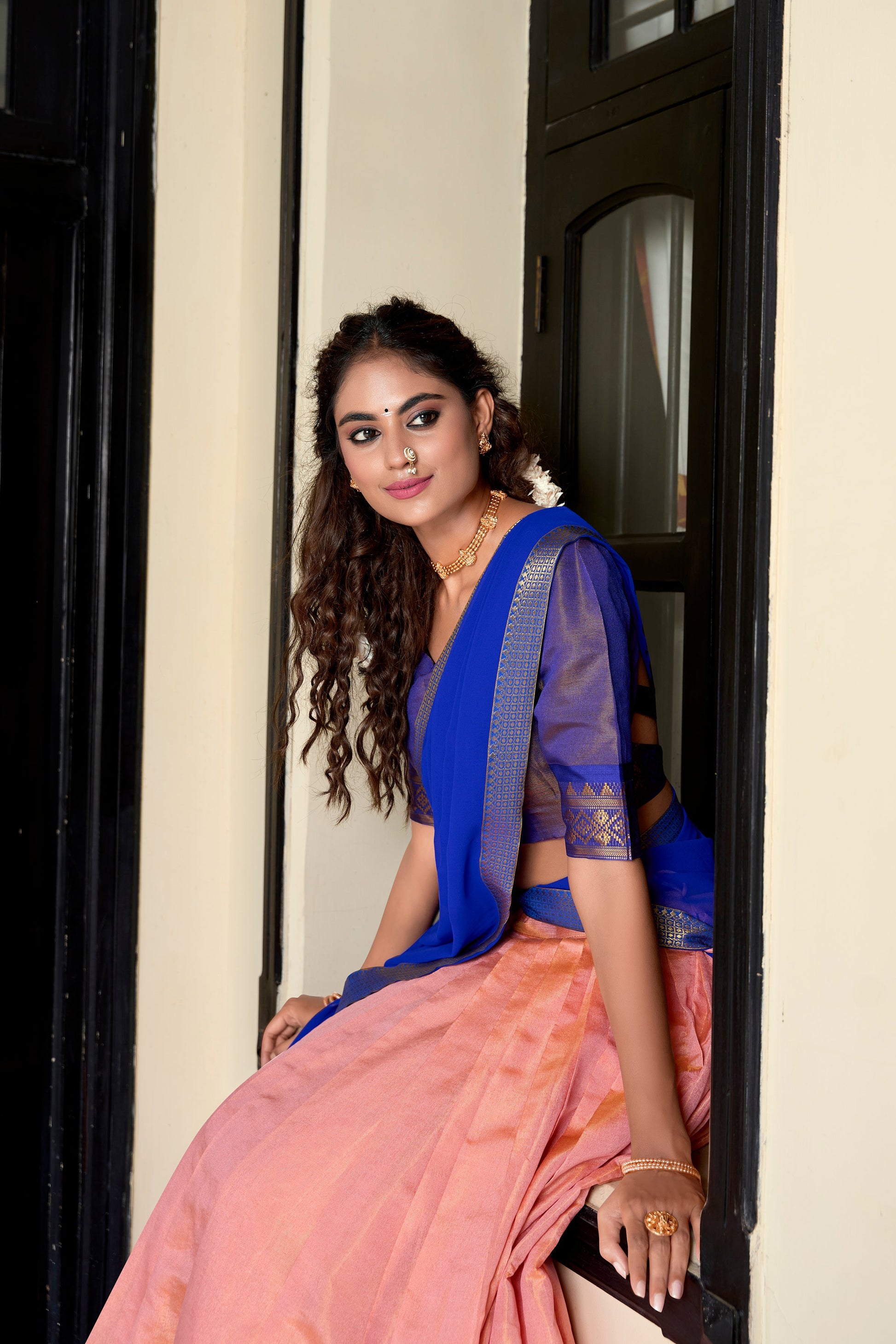 Lorenvalley Peach Kanchipuram Zari Weaving Work Lehenga Choli | Swadesiicart