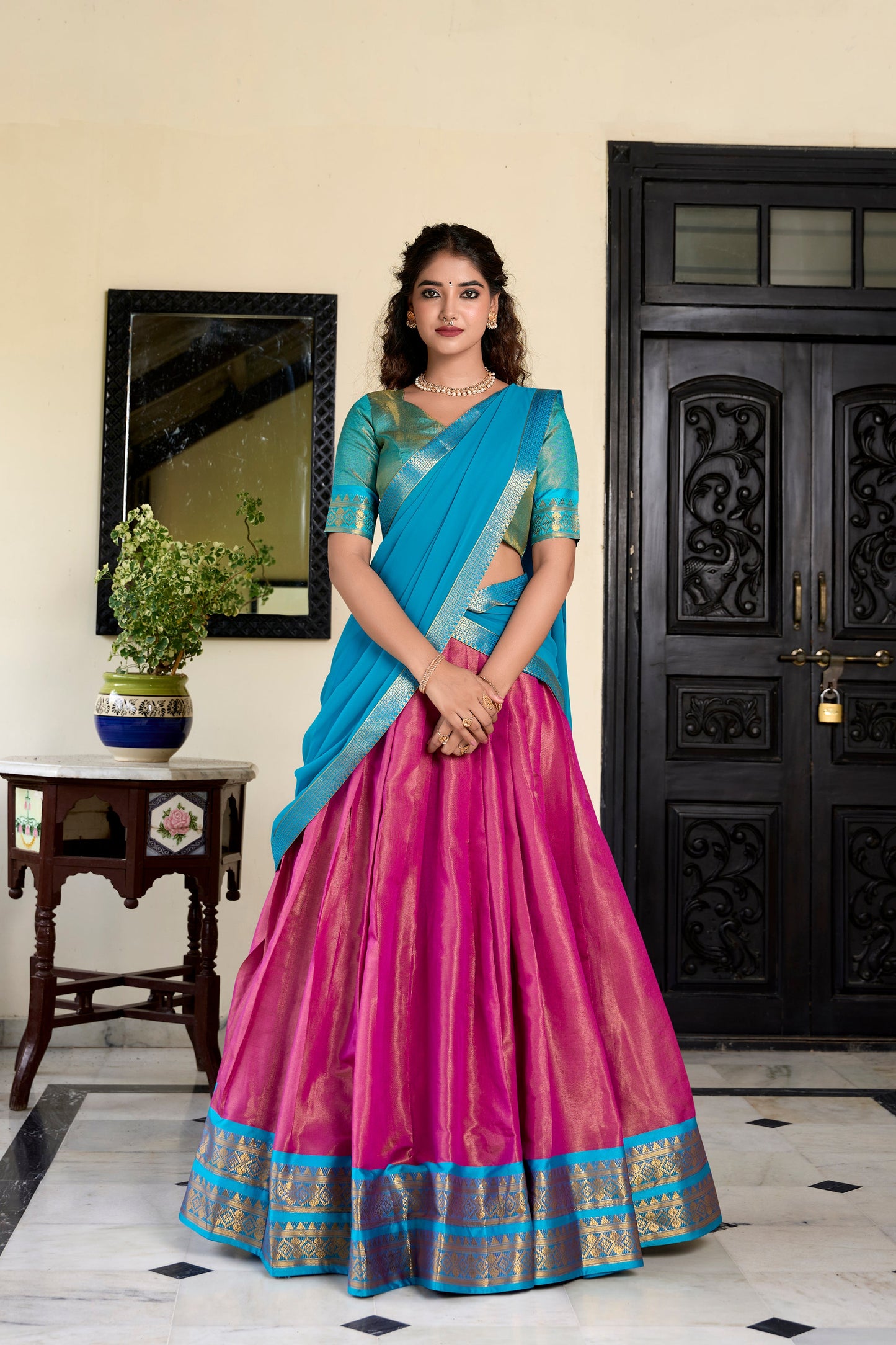 Lorenvalley Pink Kanchipuram Zari Weaving Work Lehenga Choli | Swadesiicart