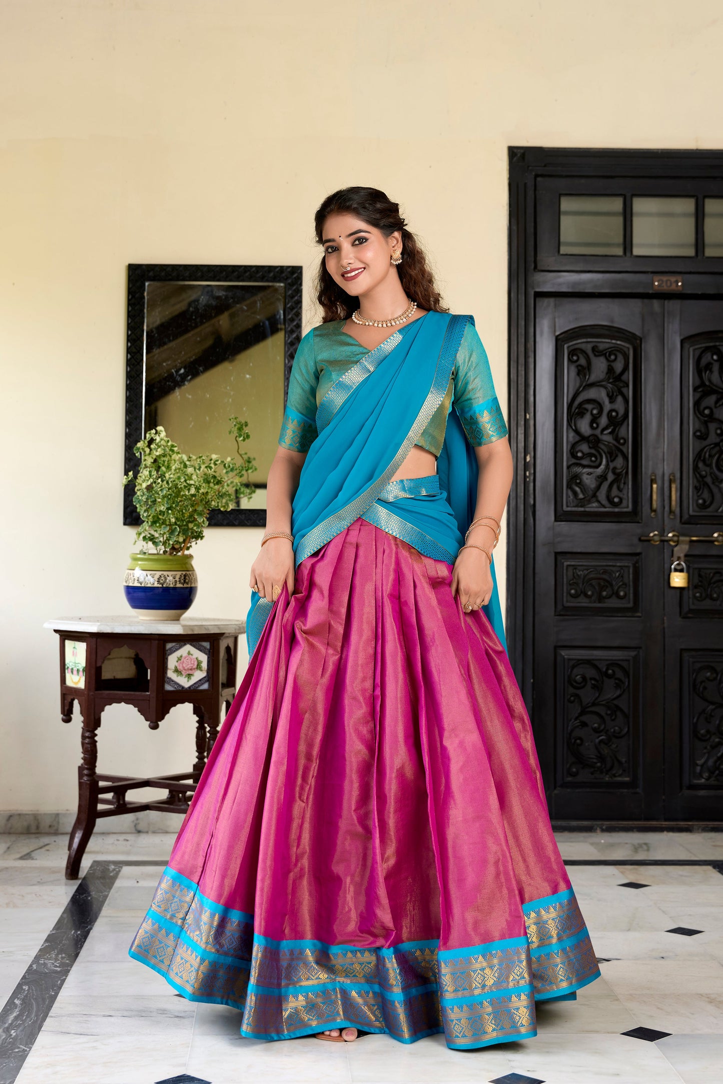 Lorenvalley Pink Kanchipuram Zari Weaving Work Lehenga Choli | Swadesiicart